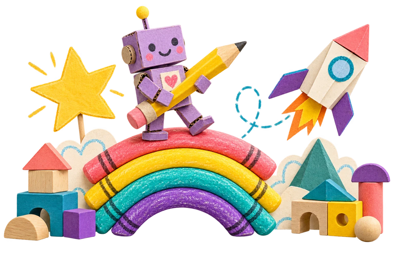 Un pequeño robot de cartón crea un mundo de crayones, bloques de colores y cohetes de papel