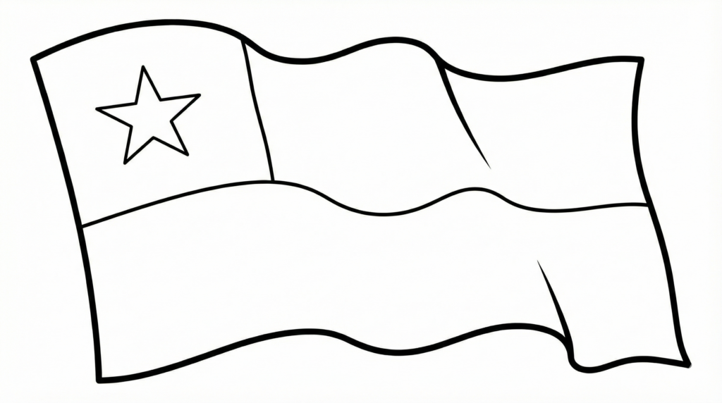 Dibujo de la bandera de Chile flameando para colorear. Incluye la estrella solitaria y franjas para pintar de blanco, azul y rojo. Ideal para tareas del Día de la Bandera (9 de julio) y Fiestas Patrias.