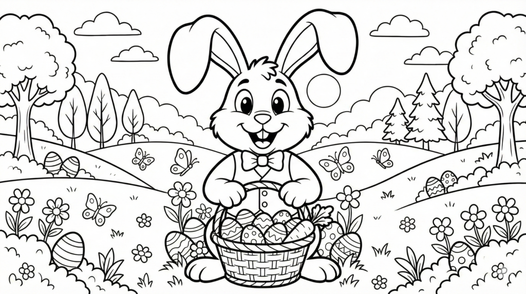 Ilustración horizontal en blanco y negro de un conejo de pascua para colorear, sonriendo y sosteniendo una canasta llena de huevos y zanahorias en un paisaje de bosque con árboles y flores.