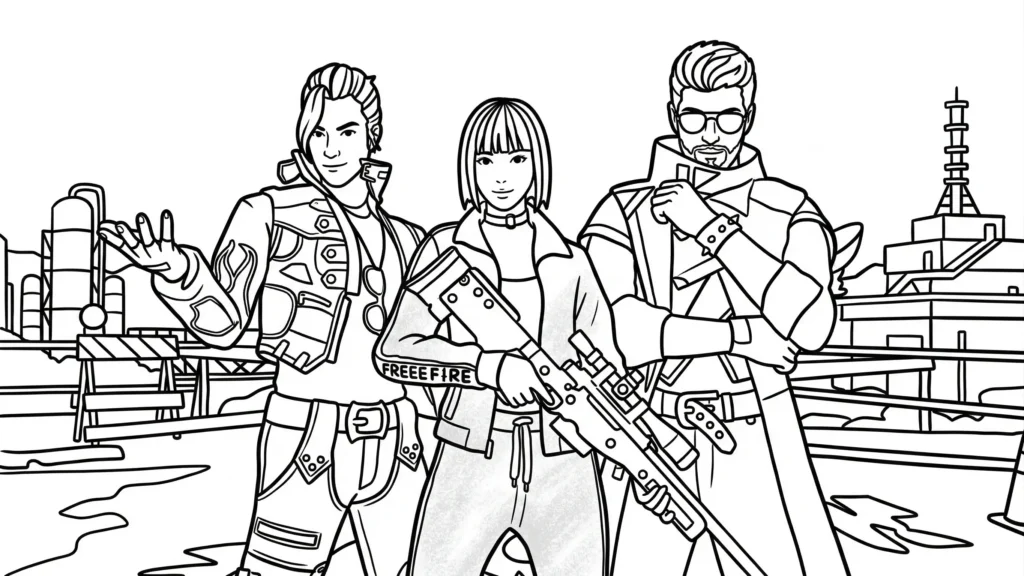 "Dibujo de personajes de Free Fire en blanco y negro con trazos gruesos para colorear, ideal para niños y actividades escolares.