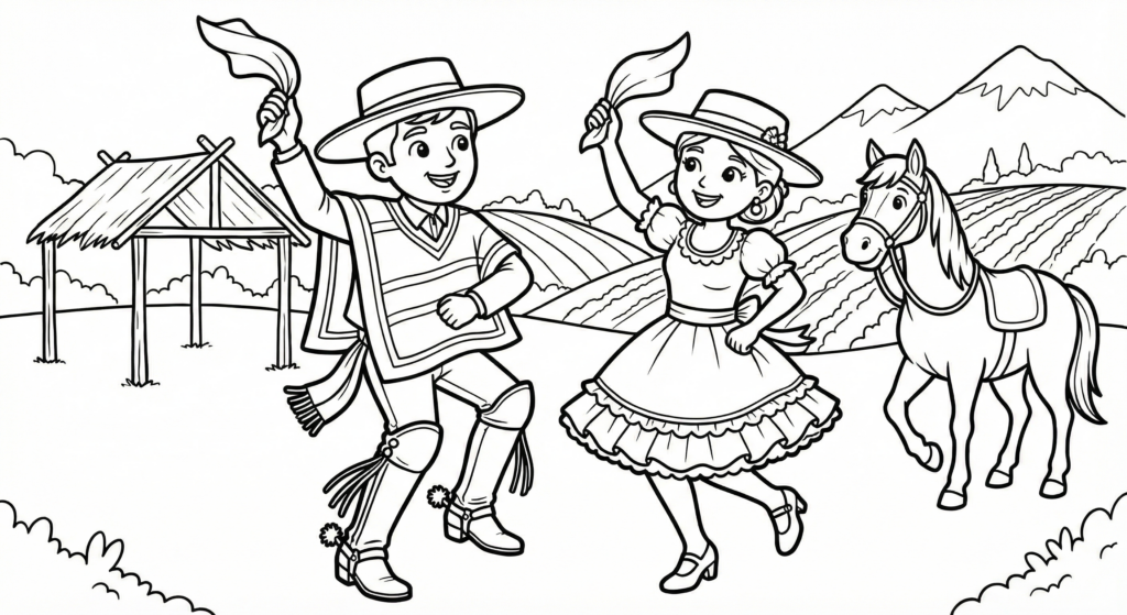 Dibujo infantil de una pareja de huasos para colorear bailando cueca en el campo chileno, acompañados de un caballo.