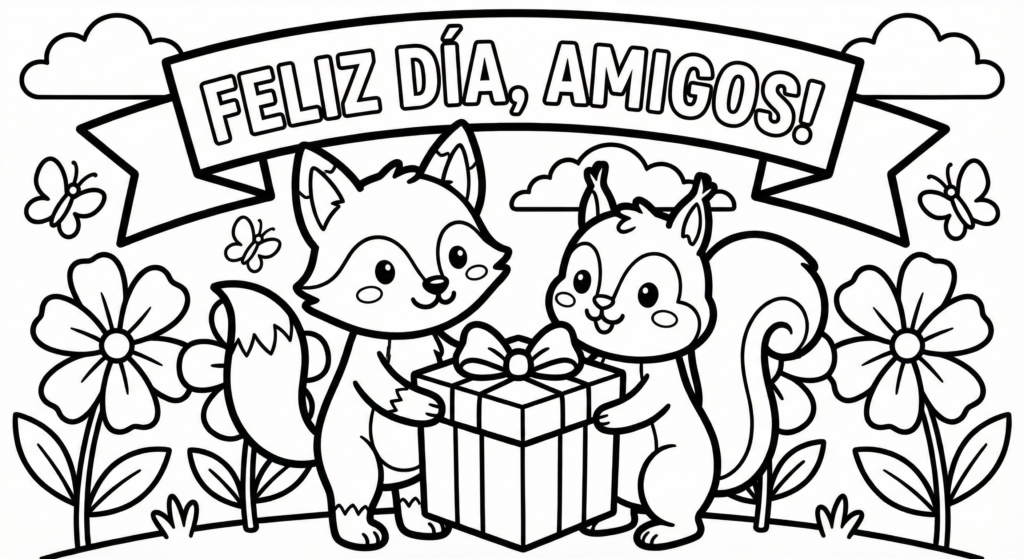 Dibujo de animales tiernos (un zorro y una ardilla) sosteniendo un regalo gigante con el mensaje Feliz Día Amigos para colorear.