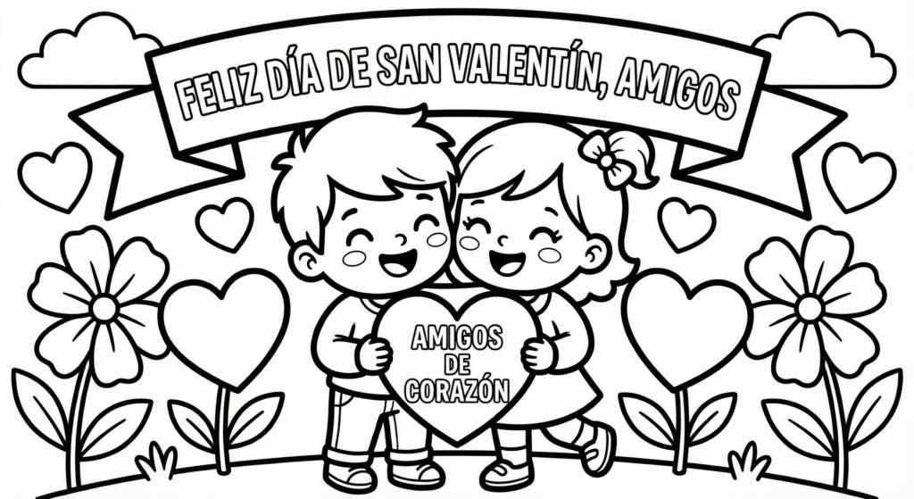 Dibujo para colorear de un niño y una niña celebrando el Día de la Amistad con un letrero de San Valentín y un corazón que dice Amigos de Corazón