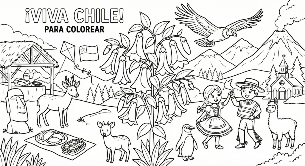 Dibujo de Chile para colorear con el texto ¡VIVA CHILE!. Muestra una pareja de huasos bailando cueca, un Moai de Rapa Nui, una mata de copihues gigantes, un cóndor volando, un huemul, una llama, un pingüino y una iglesia típica de Chiloé co